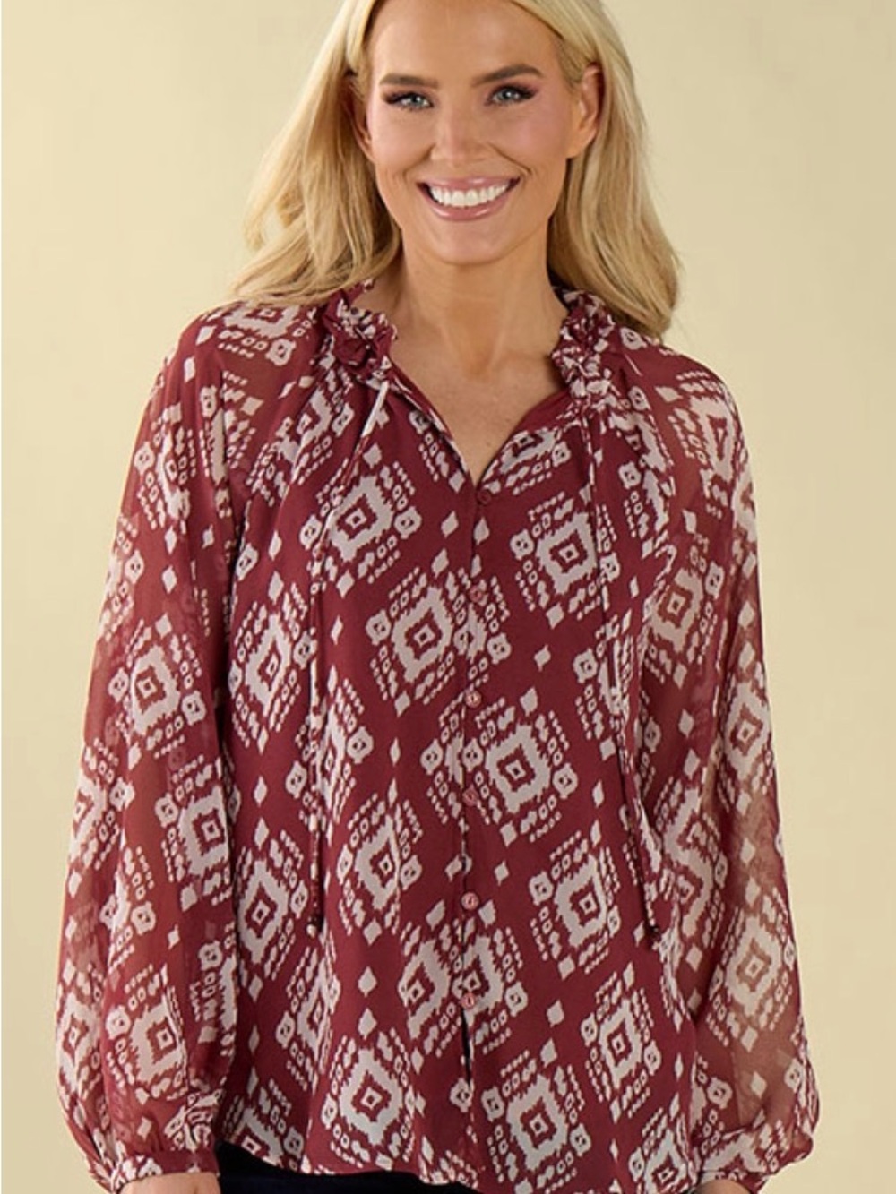 Kaktus Maroon and White Printed Tie-Neck Blouse